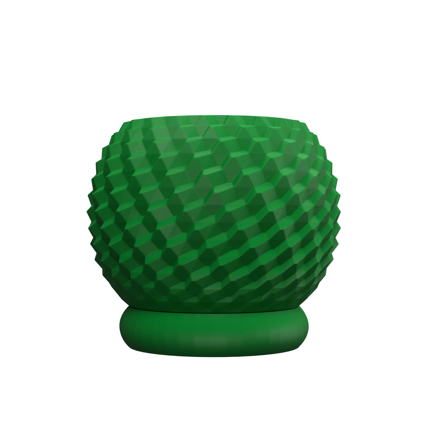 Pot décoratif vert à motifs géométriques en relief, forme arrondie avec base circulaire épaisse.