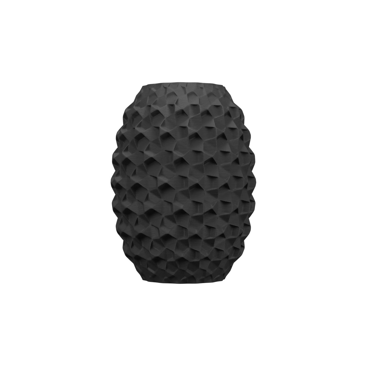 Vase noir mat de forme ovale avec surface texturée en motifs géométriques tridimensionnels, design moderne et étanche.