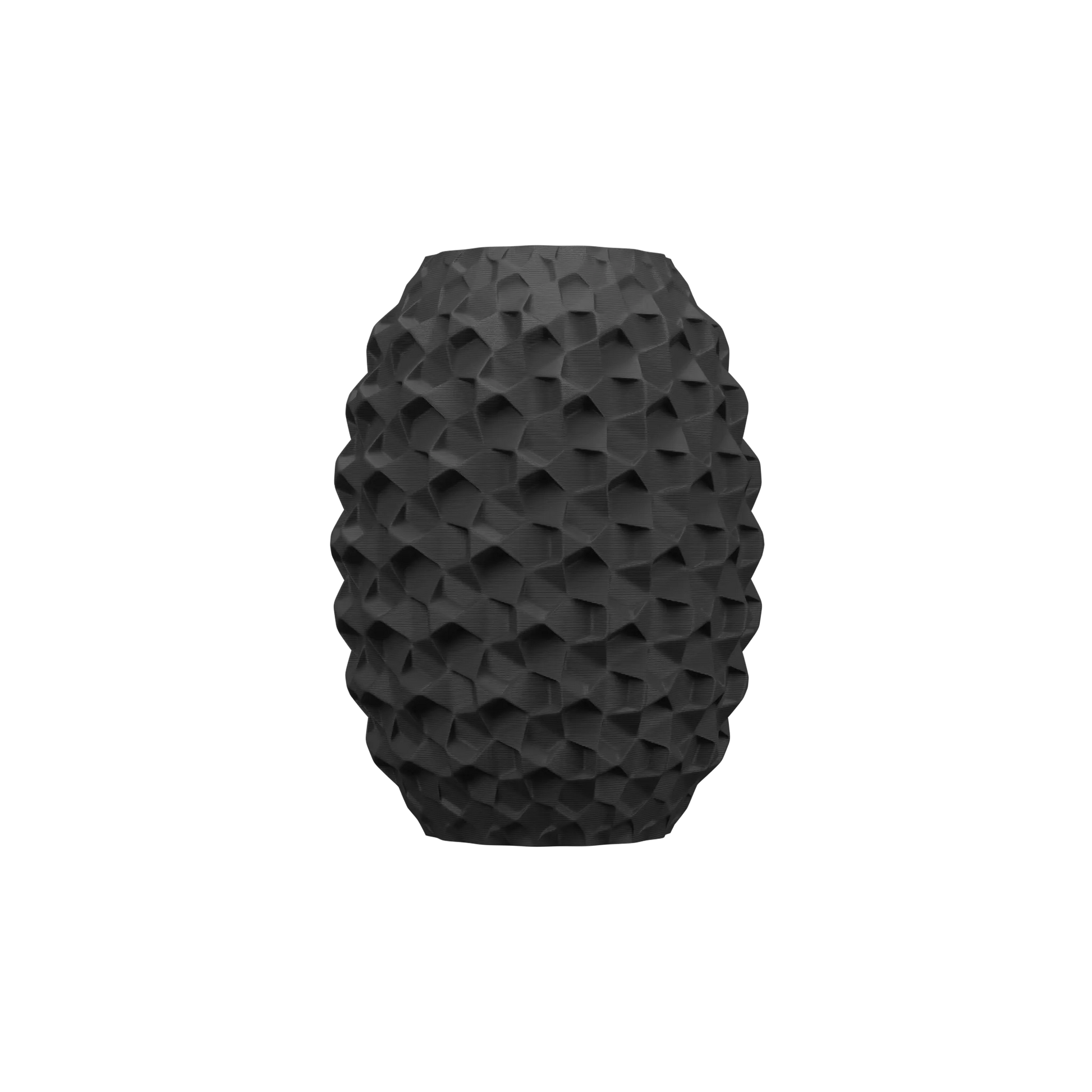 Vase noir mat de forme ovale avec surface texturée en motifs géométriques tridimensionnels, design moderne et étanche.