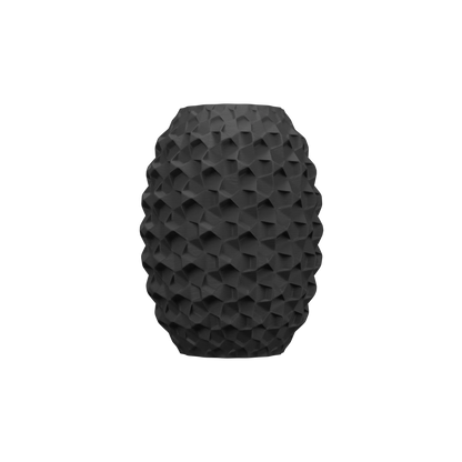 Vase noir mat de forme ovale avec surface texturée en motifs géométriques tridimensionnels, design moderne et étanche.