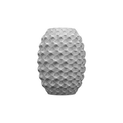 Vase moderne blanc mat avec surface texturée en motifs géométriques en relief, forme cylindrique arrondie, design étanche.