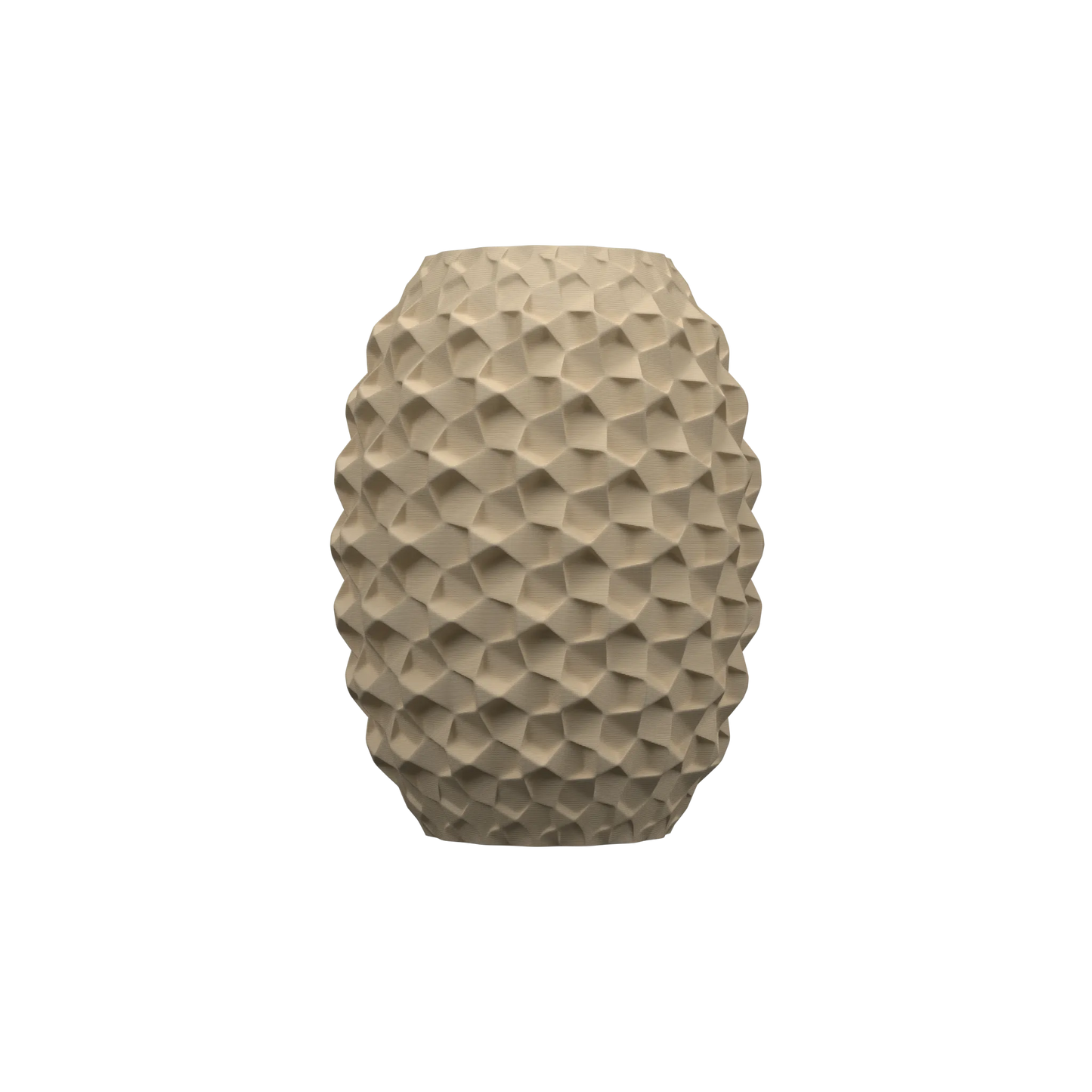 Vase ovale beige avec surface texturée en relief ressemblant à des galets imbriqués, style moderne et étanche.