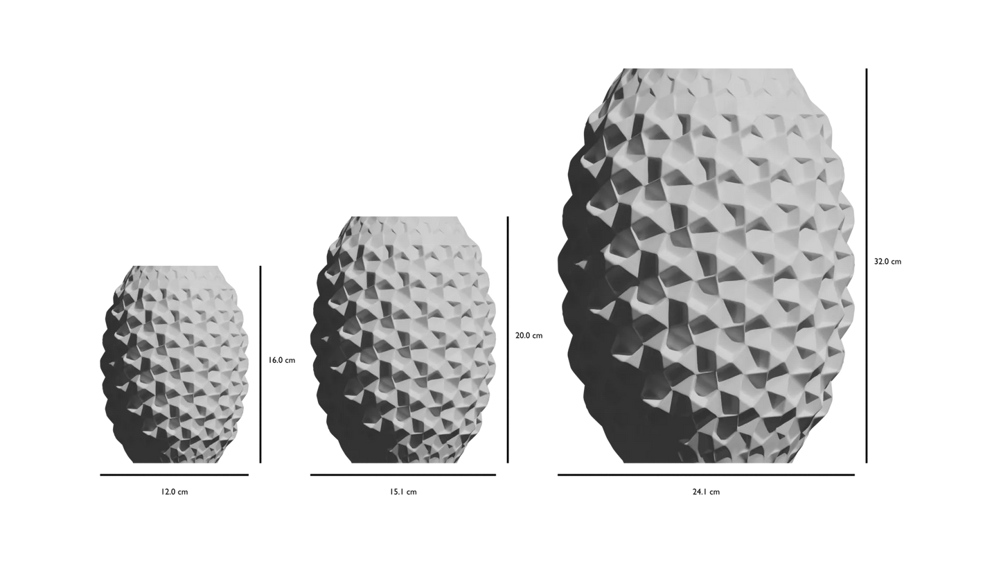 Trois vases étanches modernes blanc mat avec texture géométrique tridimensionnelle en forme de cabosses, disposés du plus.