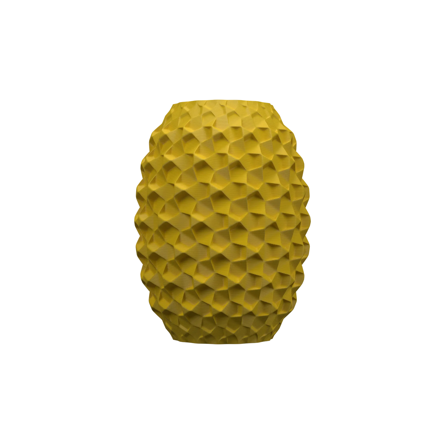Vase jaune moutarde avec texture en relief géométrique composée de motifs hexagonaux irréguliers, forme ovale et surface.