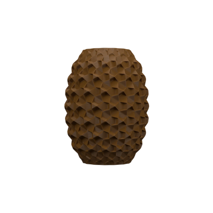 Vase marron en forme ovale with a surface texturée en relief géométrique rappelant des cailloux.