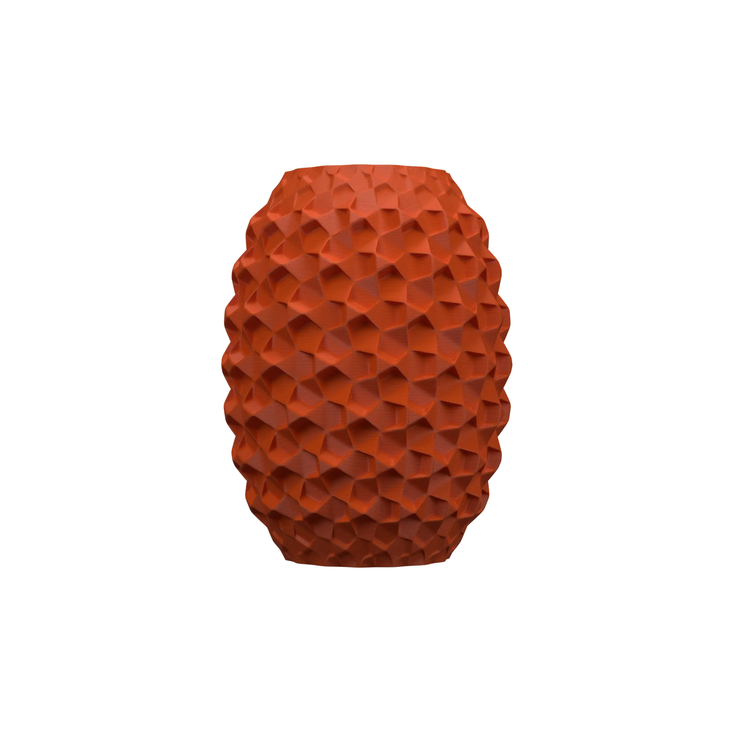 Vase moderne orange avec surface texturée en motifs géométriques 3D, forme cylindrique arrondie, finition mate.