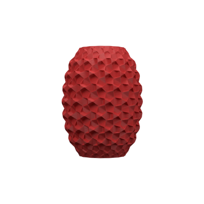 Vase rouge brique avec surface en relief géométrique tridimensionnelle, forme ovale et design moderne étanche.