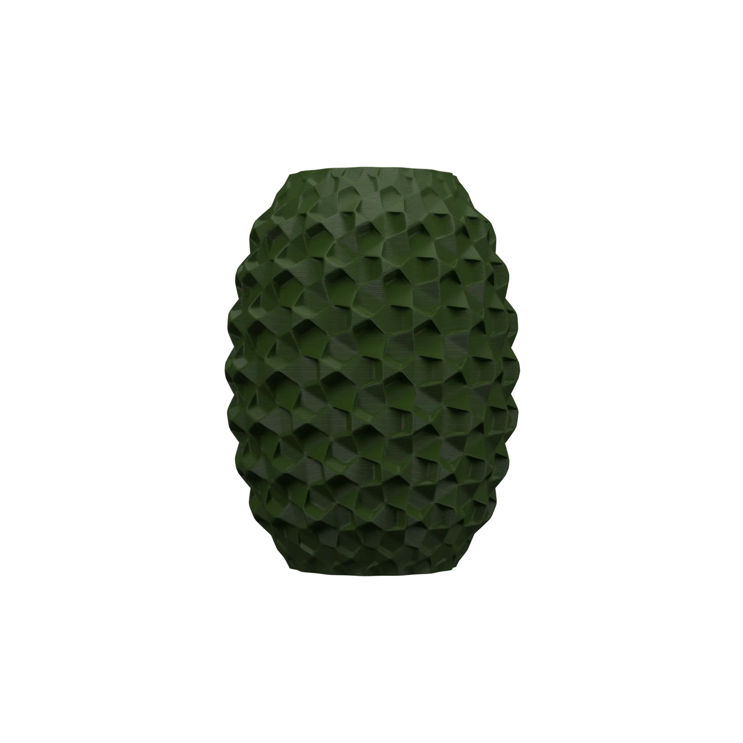 Vase vert foncé en forme de dôme allongé avec motif géométrique tridimensionnel texturé couvrant toute la surface.