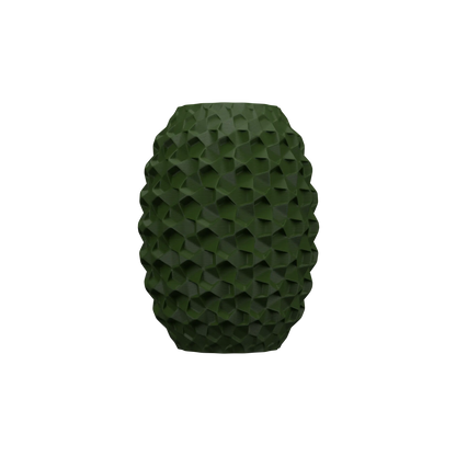 Vase vert foncé en forme de dôme allongé avec motif géométrique tridimensionnel texturé couvrant toute la surface.