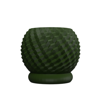 Pot décoratif rond vert foncé à motifs géométriques en relief avec base plate circulaire assortie.