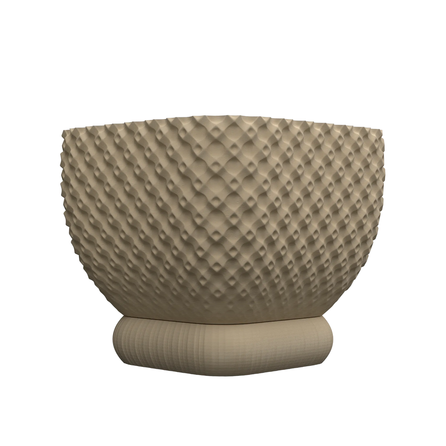 Pot décoratif beige en plastique à forme ronde avec texture géométrique en relief et base cylindrique arrondie.