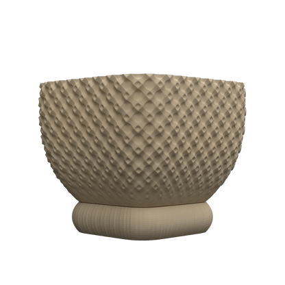 Pot décoratif beige en plastique à forme ronde avec texture géométrique en relief et base cylindrique arrondie.