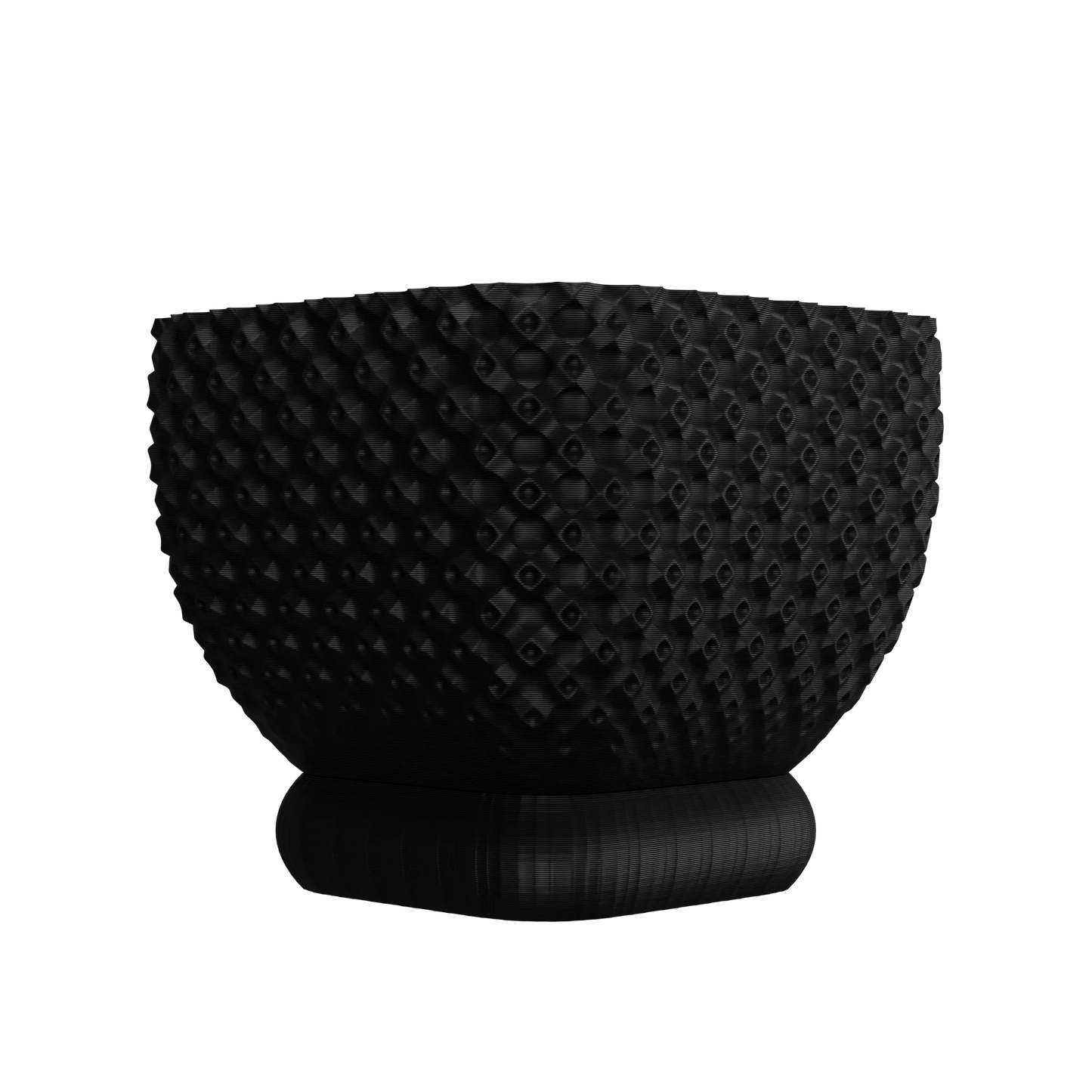 Pot décoratif noir mat à surface texturée en motifs géométriques, forme arrondie sur socle épais, style moderne.