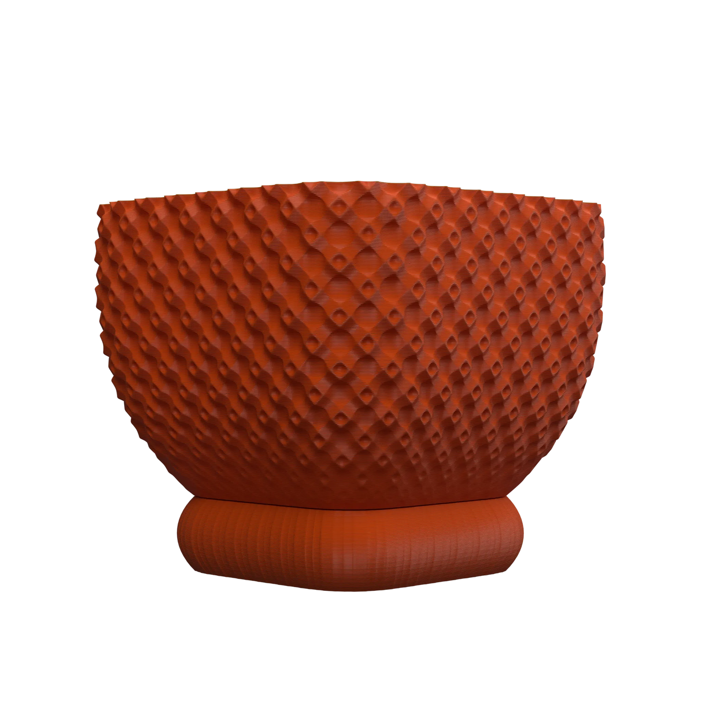 Pot décoratif moderne orange en matière texturée à motifs géométriques, forme arrondie sur base cylindrique.