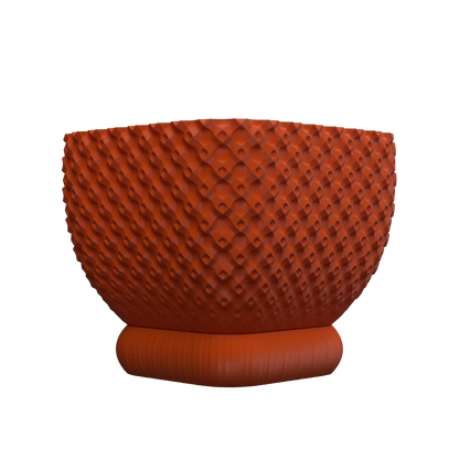 Pot décoratif moderne orange en matière texturée à motifs géométriques, forme arrondie sur base cylindrique.
