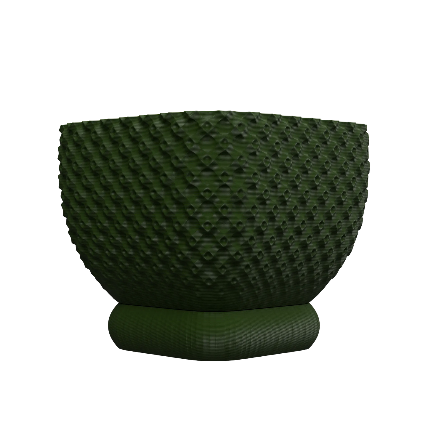 Pot décoratif vert foncé avec texture géométrique en relief, forme ronde sur socle cylindrique assorti.