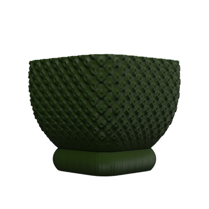 Pot décoratif vert foncé avec texture géométrique en relief, forme ronde sur socle cylindrique assorti.