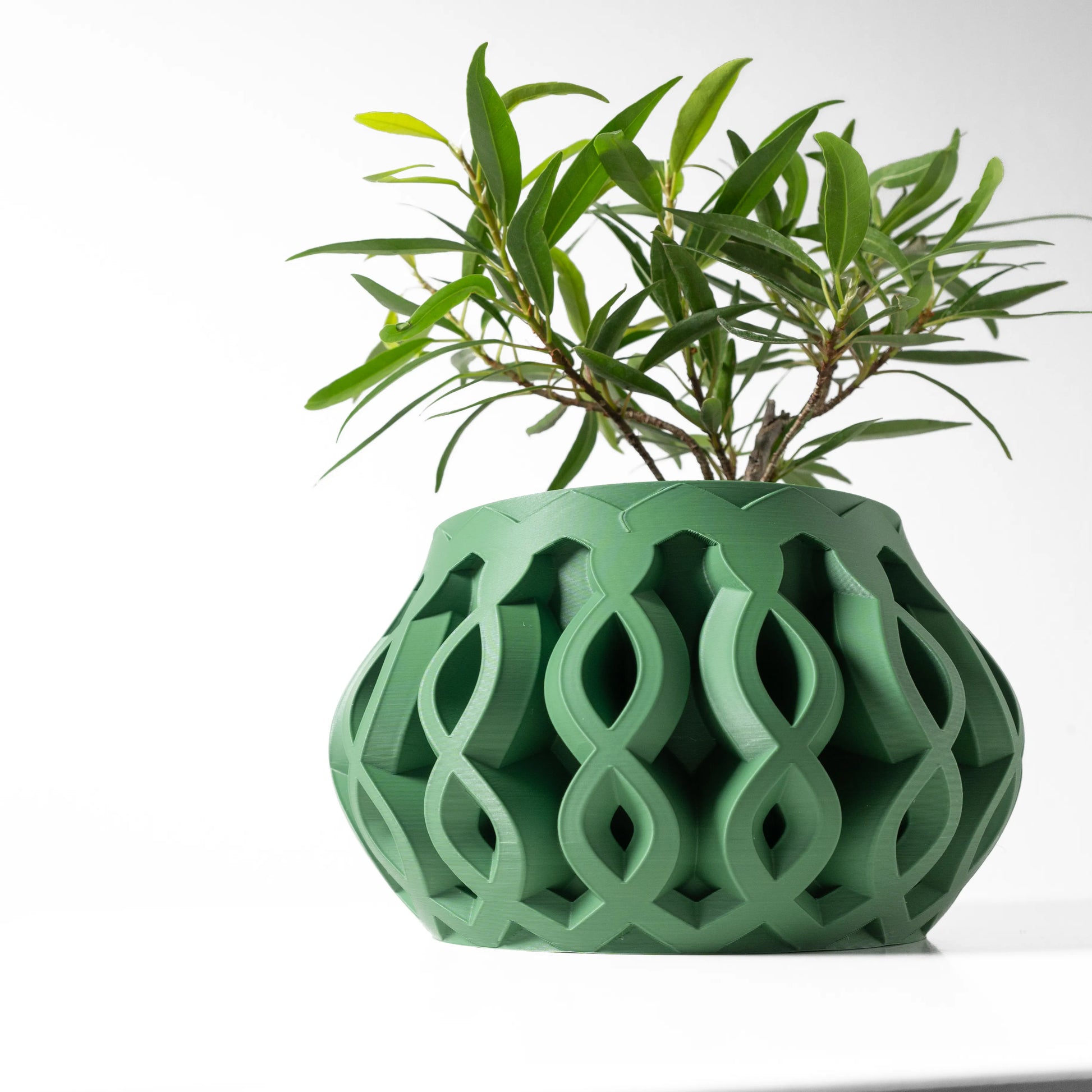 Pot décoratif vert foncé en plastique moderne avec motifs géométriques ovales entrelacés, contenant une plante verte avec.