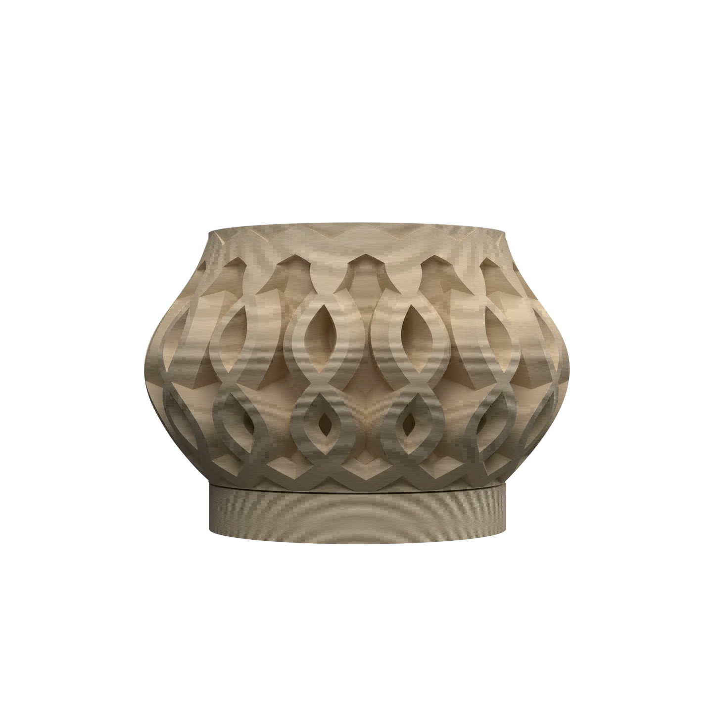 Pot décoratif beige en plastique avec motifs géométriques entrelacés en relief sur toute la surface, forme arrondie et base.