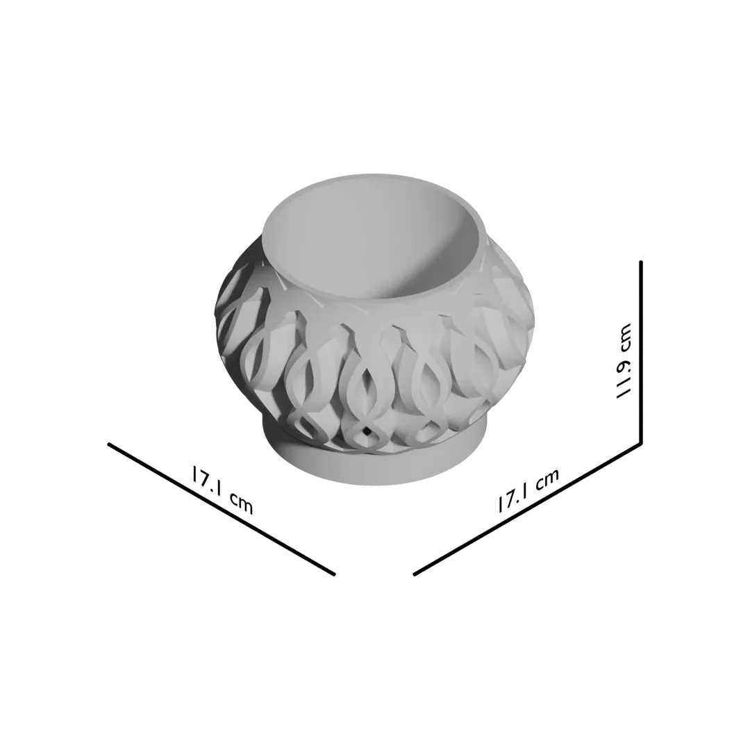 Pot décoratif gris en métal avec motifs géométriques ajourés en relief sur toute la surface, forme arrondie légèrement.