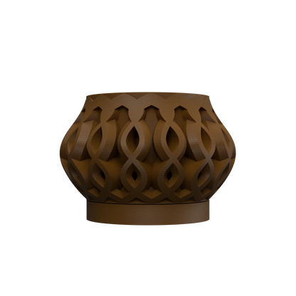 Pot décoratif marron avec reliefs entrelacés en forme de boucles, style moderne et arrondi, base plate.