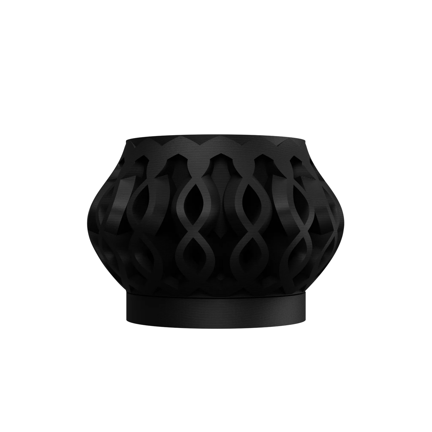 Pot décoratif noir mat en métal ajouré avec motifs entrelacés, forme ronde et évasée, style moderne.