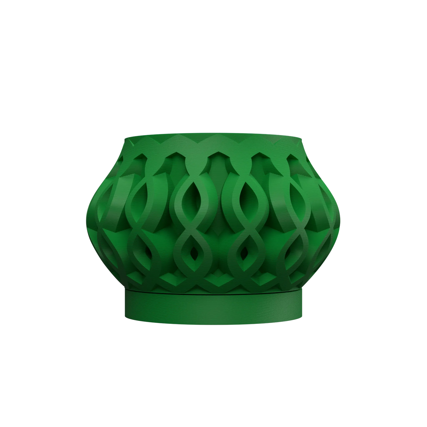 Pot décoratif vert foncé avec motif géométrique ajouré en spirales entrelacées, forme bombée et base circulaire robuste.