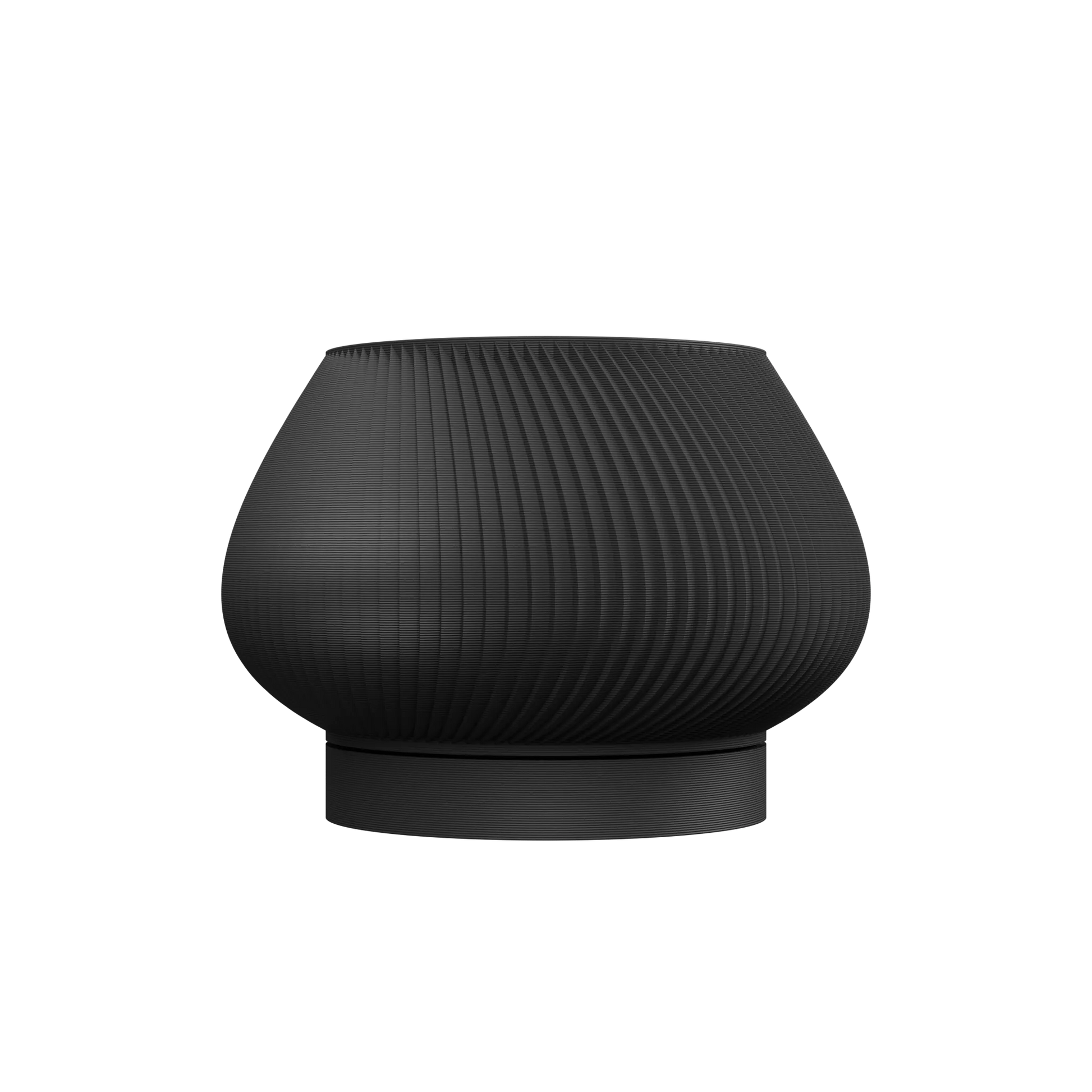 Pot décoratif Davi noir mat, forme arrondie et évasée avec texture en relief et base plate ronde.