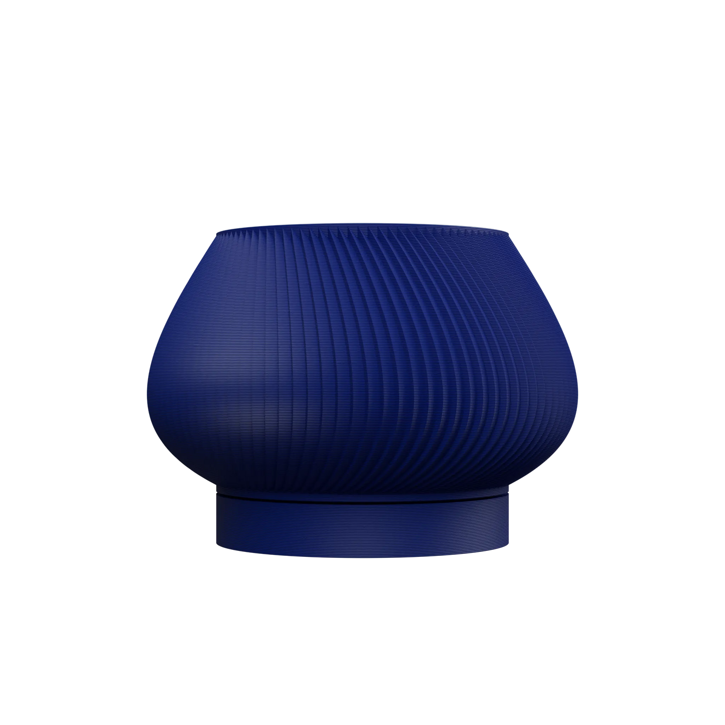 Pot décoratif en bleu nuit, forme arrondie légèrement évasée avec base plate fine, surface lisse mate.