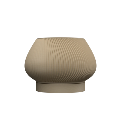 Pot décoratif Davi beige en plastique moulé, forme arrondie avec surface texturée en relief ondulé, base circulaire plus.