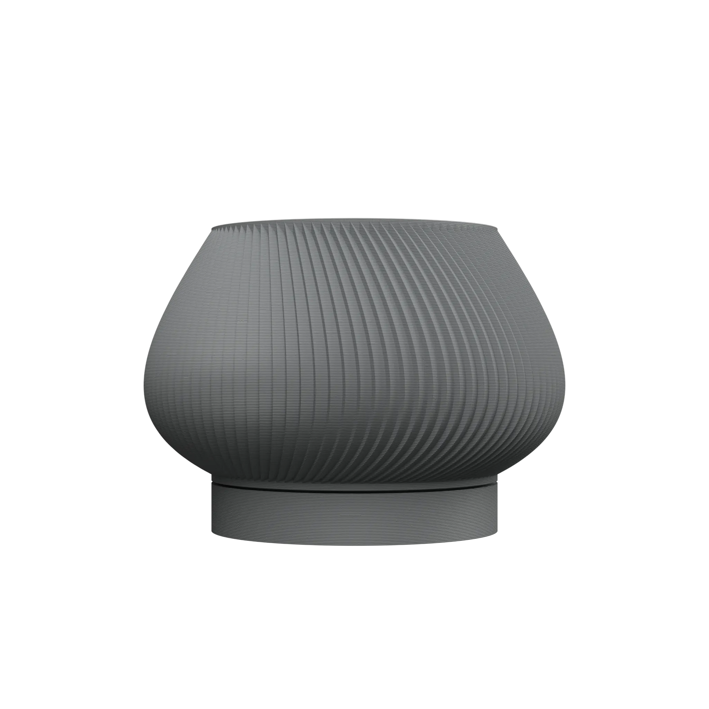 Pot décoratif gris anthracite en métal avec surface texturée en lignes verticales, forme arrondie évasée sur un socle.