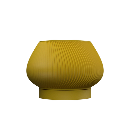 Pot décoratif jaune moutarde à surface texturée en relief, forme arrondie évasée avec large ouverture supérieure.