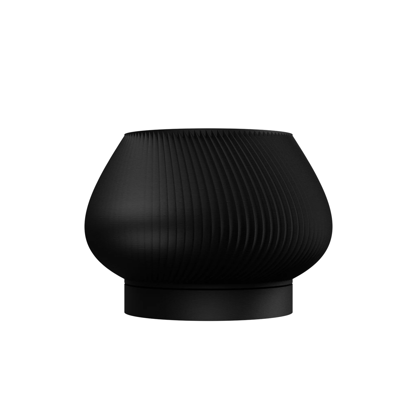 Pot décoratif noir mat en forme arrondie avec surface texturée et base plate stable.