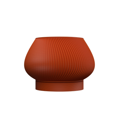 Pot décoratif Davi en terre cuite rouge brique, forme arrondie large avec base plate, texture rainurée verticale fine.
