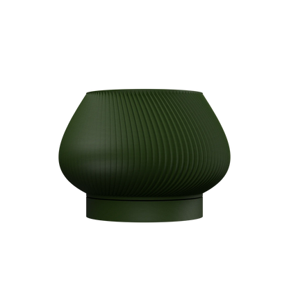 Pot décoratif vert foncé mat avec texture nervurée verticale et base arrondie élargie.