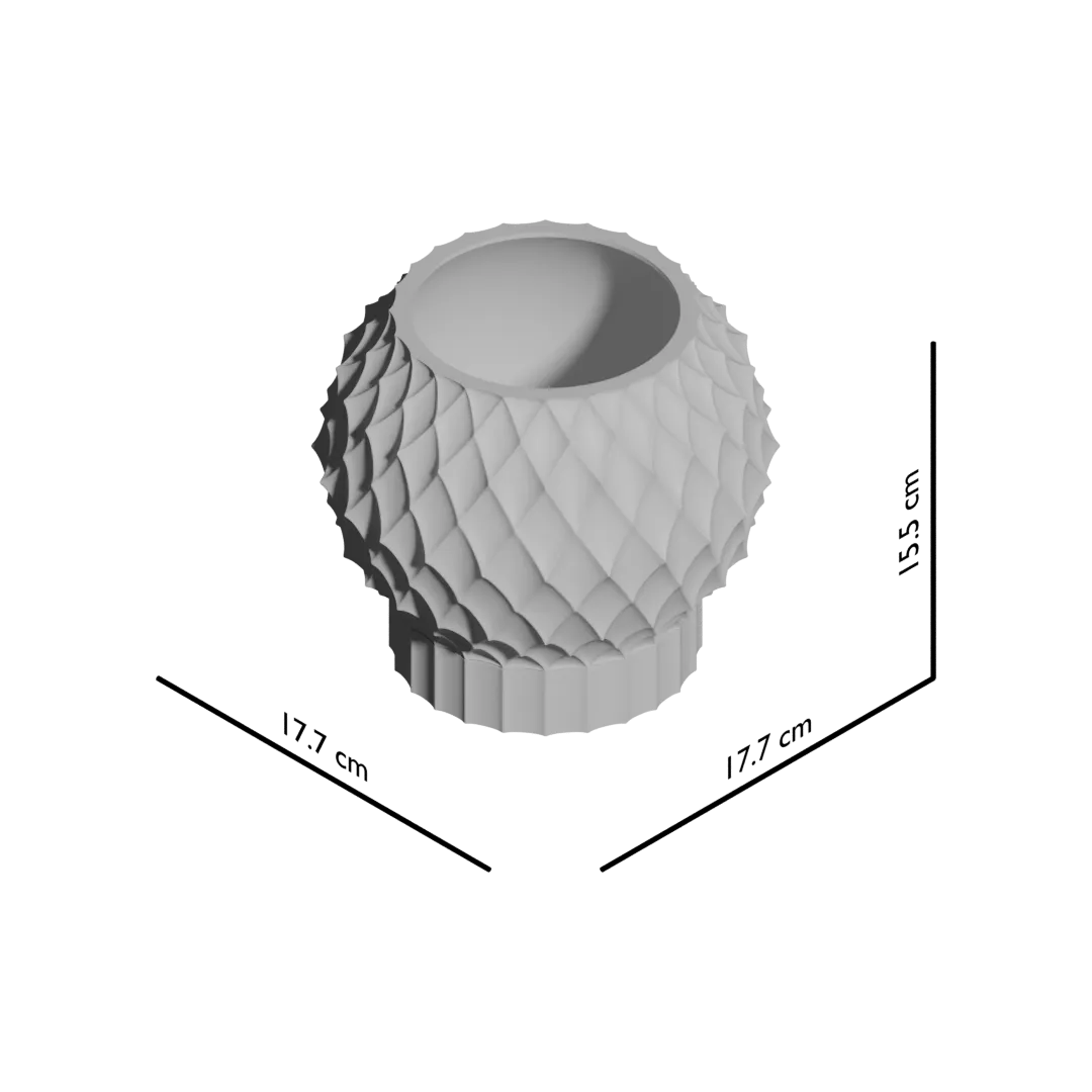 Pot décoratif gris clair en forme de sphère avec motif géométrique diamant structuré, base cylindrique cannelée, style.