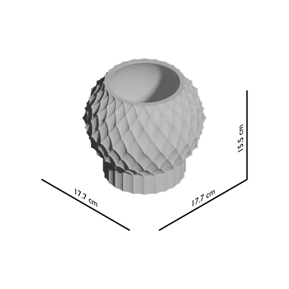 Pot décoratif gris clair en forme de sphère avec motif géométrique diamant structuré, base cylindrique cannelée, style.