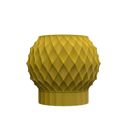 Pot décoratif vert olive avec surface texturée en relief diamants, forme arrondie et base cylindrique.