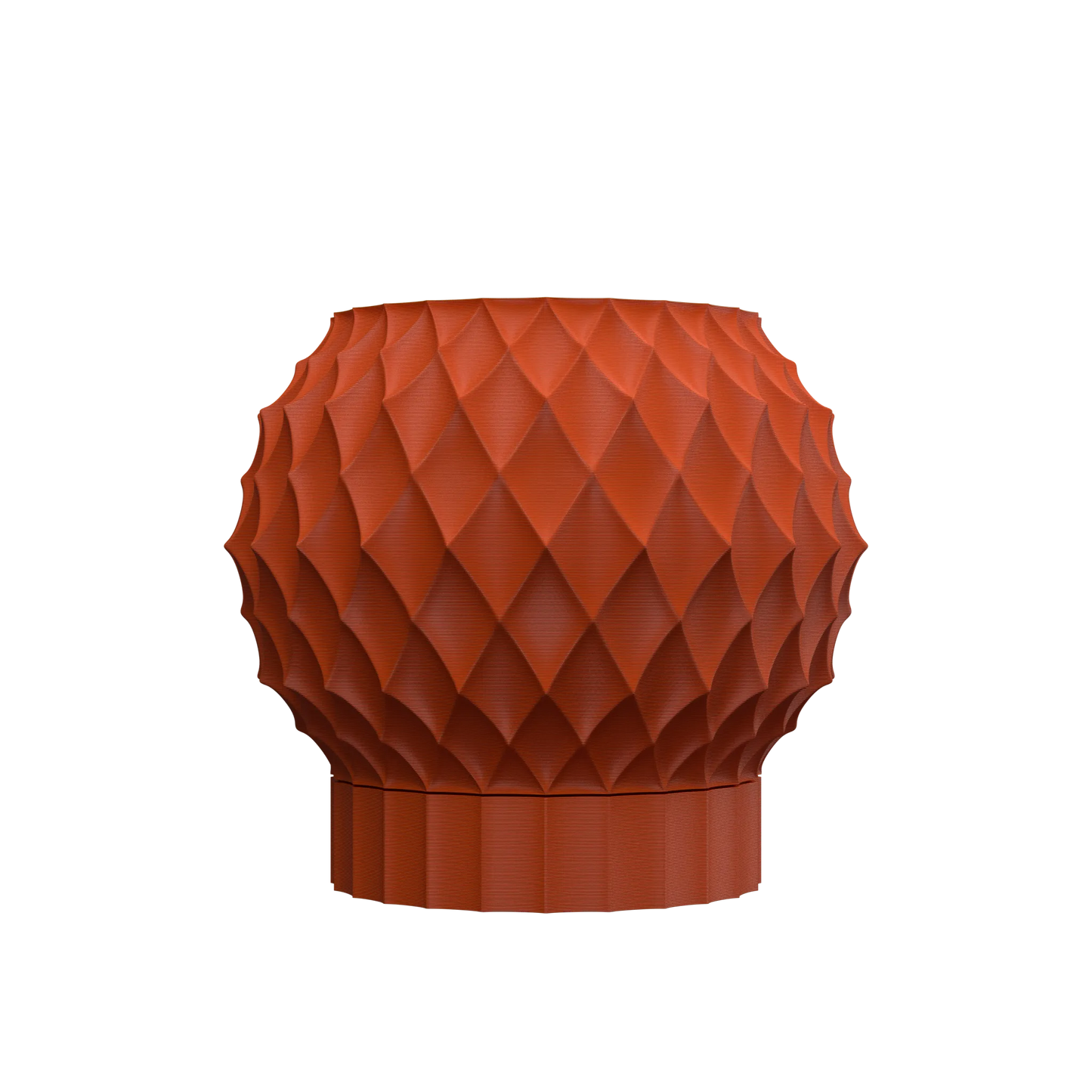 Pot décoratif rond en plastique rouge brique avec motif géométrique en losanges tridimensionnels et base plate nervurée.