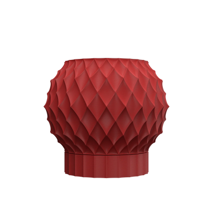 Pot décoratif rouge mat avec surface texturée en losanges 3D, forme ronde et base cylindrique.