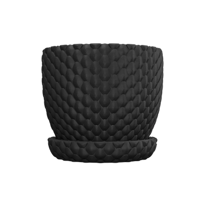 Pot décoratif noir mat texturé en motif écaille de dragon, forme cylindrique avec soucoupe assortie.