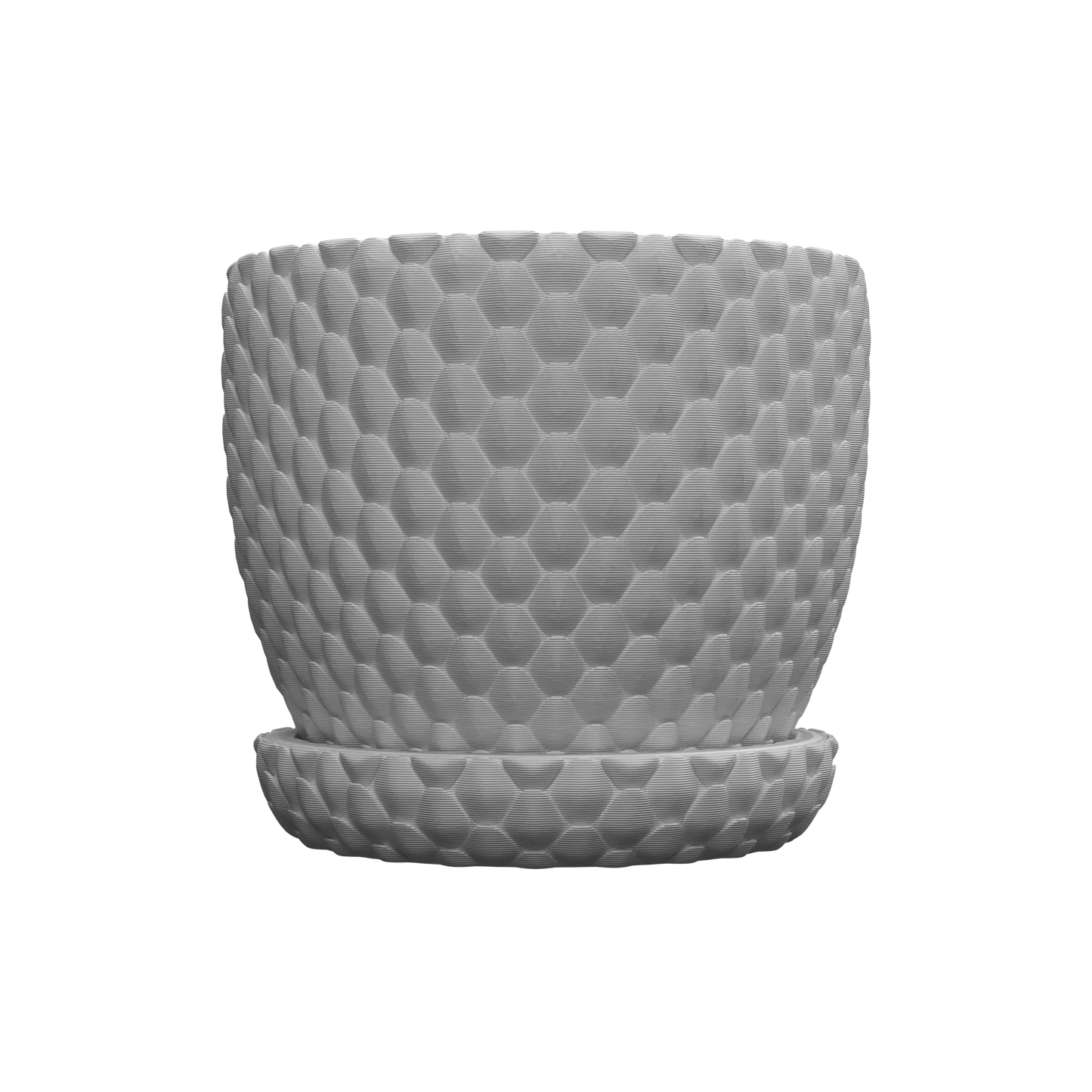 Pot décoratif gris clair avec texture d’écailles hexagonales en relief, forme cylindrique arrondie, accompagné d’une.