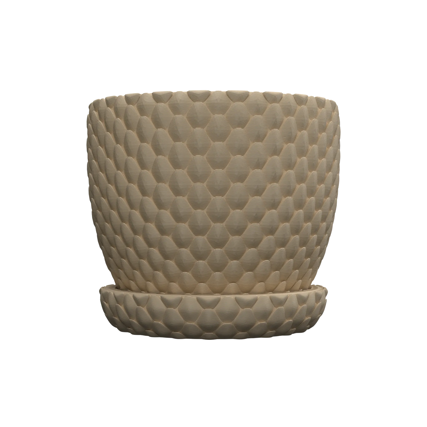 Pot décoratif beige avec texture motif écailles de dragon en relief, forme cylindrique avec soucoupe assortie.