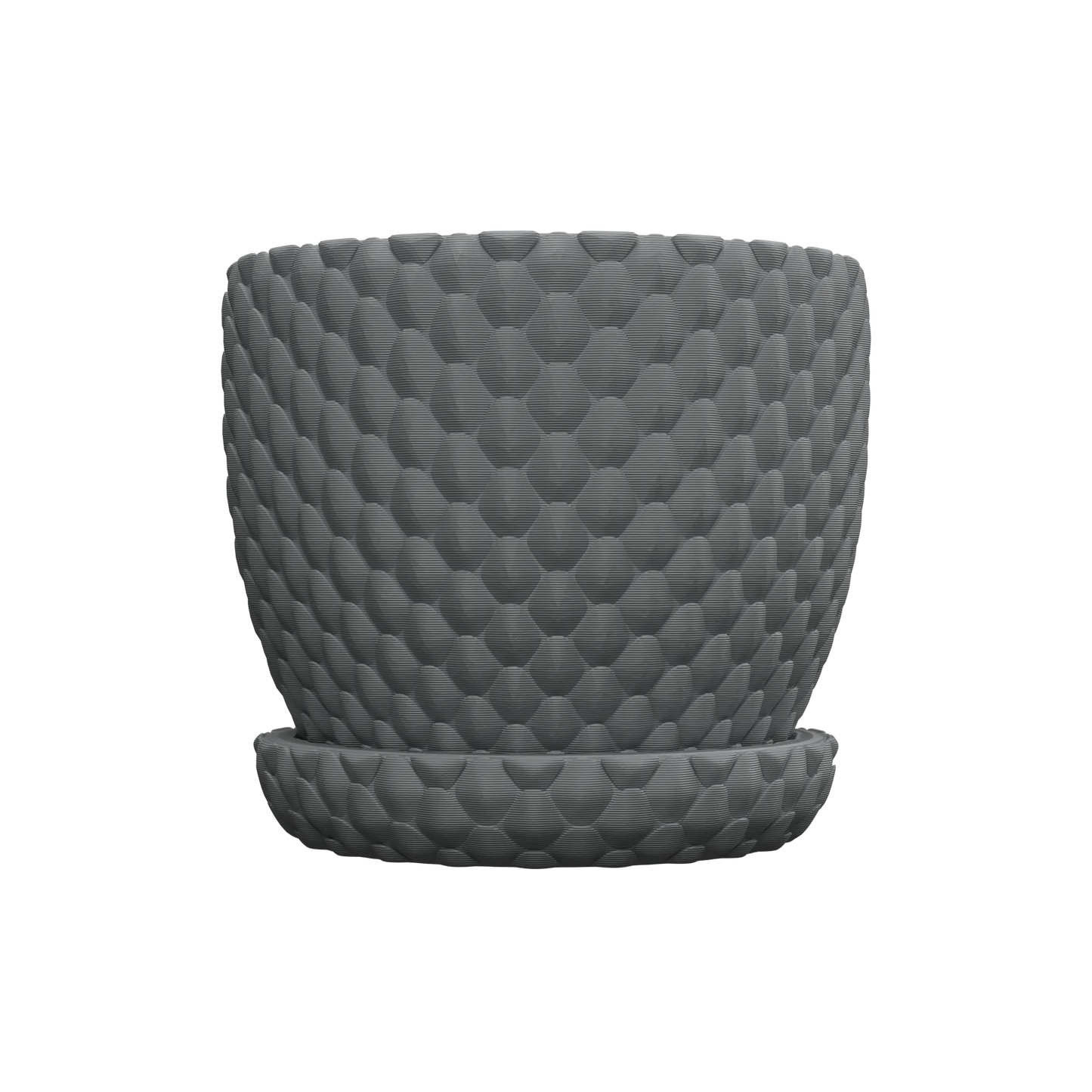 Pot décoratif gris foncé avec motif en relief évoquant des écailles de dragon, forme cylindrique arrondie, surface texturée.