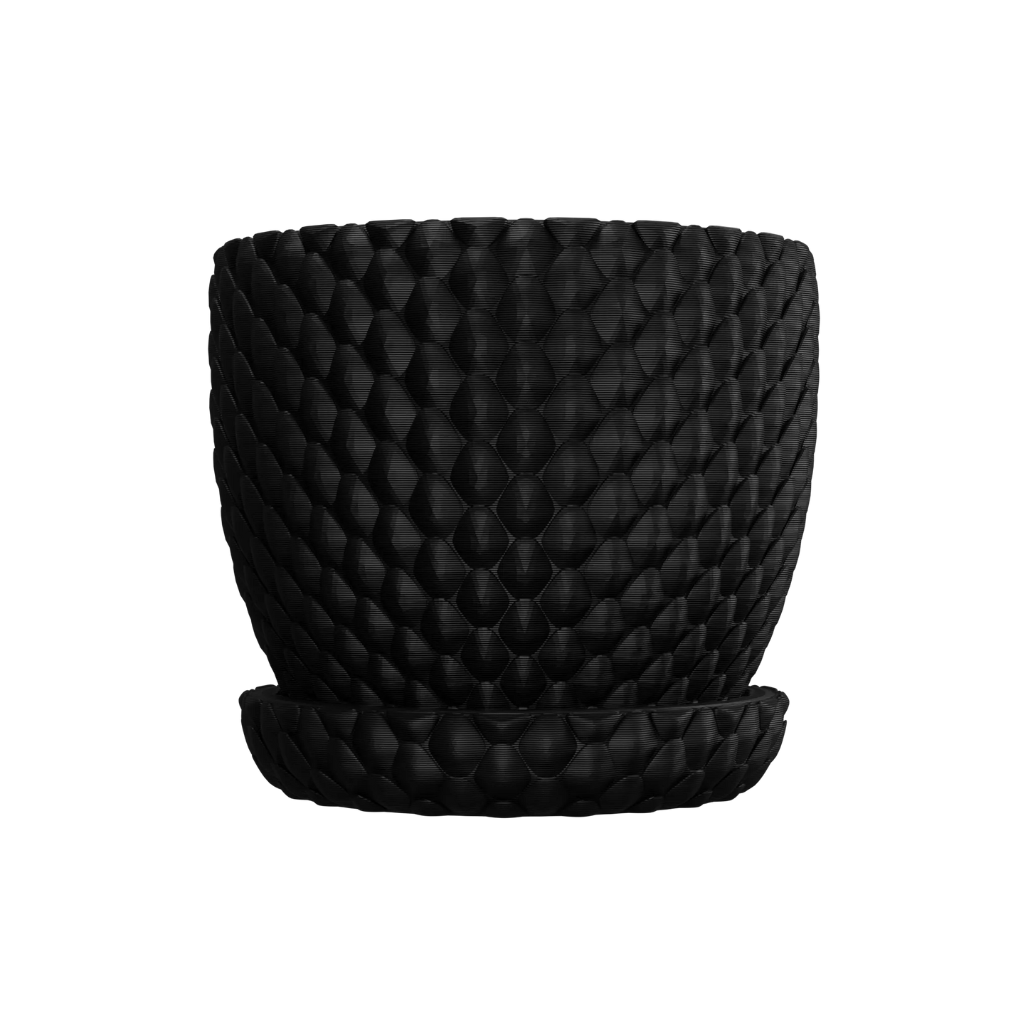 Pot décoratif noir mat avec motif tridimensionnel écailles de dragon, forme cylindrique avec soucoupe assortie.