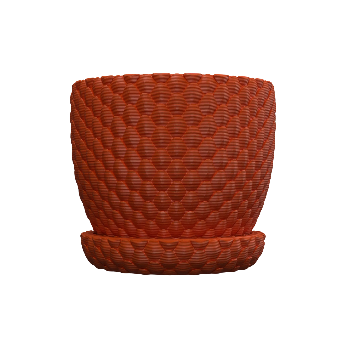 Pot décoratif orange en plastique avec motif écailles de dragon en relief, forme cylindrique et soucoupe assortie.