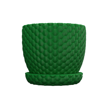 Pot décoratif vert foncé avec texture écaille de dragon en relief et soucoupe assortie, finition mate moderne.