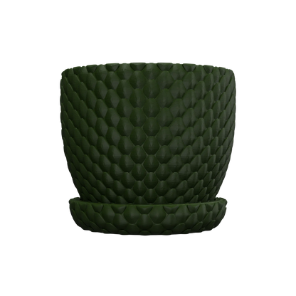 Pot décoratif vert foncé avec motif d'écailles de dragon en relief, forme cylindrique légèrement évasée, base circulaire.