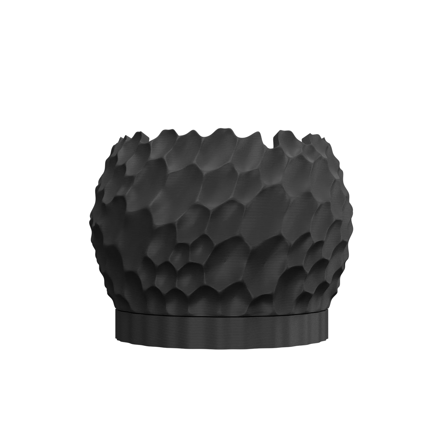 Pot décoratif noir mat à texture en relief irrégulière imitant des ondulations dune, forme arrondie avec base plate robuste.