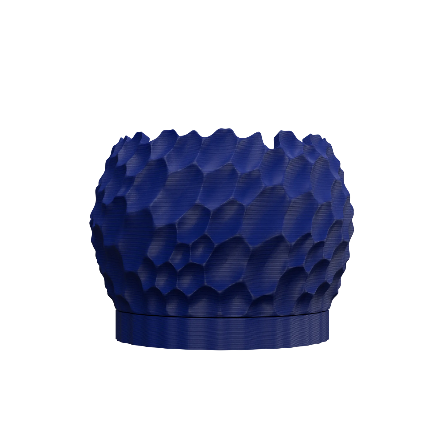 Pot décoratif bleu foncé avec texture sculptée en relief imitant des écailles, forme arrondie et base plate.